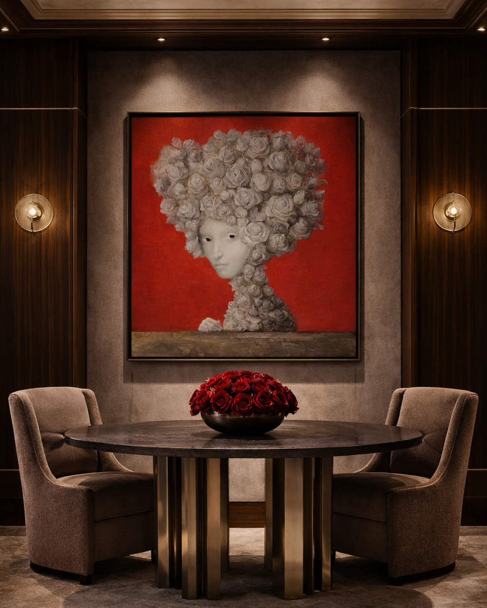 Dining room with round table and chairs, featuring a large framed artwork on the wall.