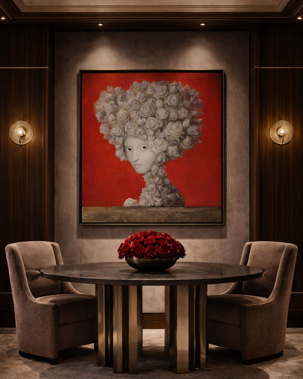 Dining room with round table and chairs, featuring a large framed artwork on the wall.