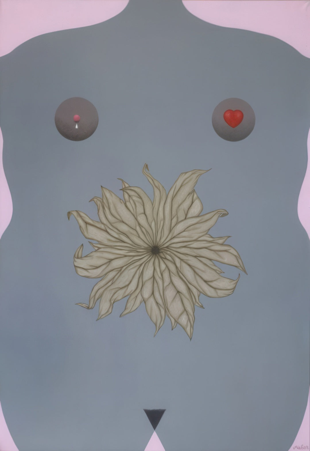 “Flower” by Andrius Miezis – contemporary surreal painting depicting a stylized female figure with minimalist forms and symbolic floral elements. Modern fine art exploring femininity, intimacy, and abstraction – available as a premium giclée print from Giclée Makers.