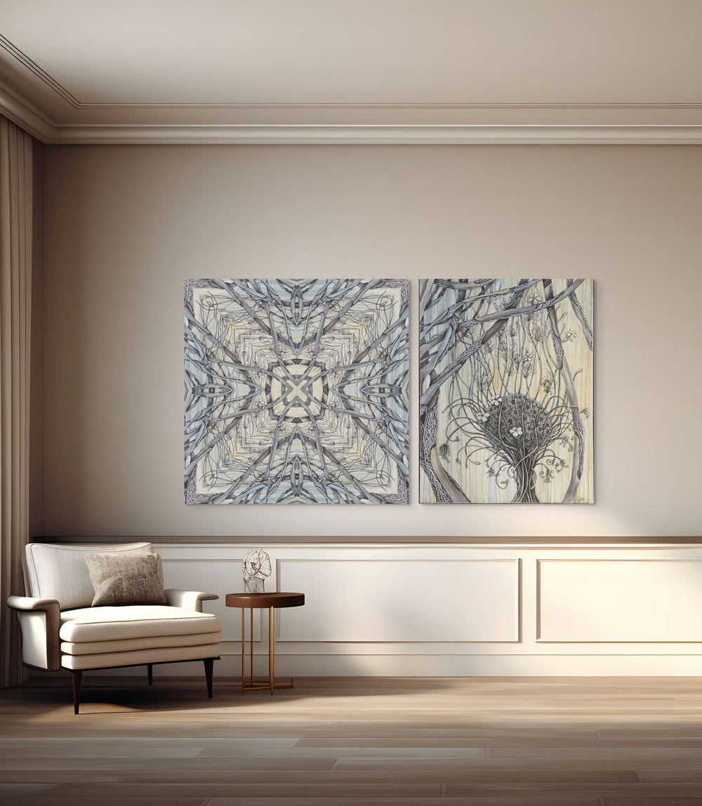 Two abstract artworks on a wall above a sofa in a living room.