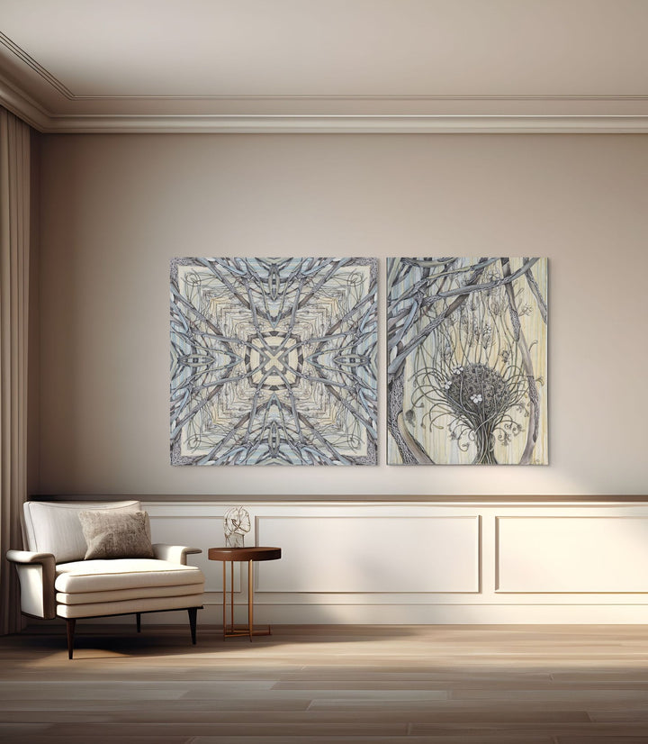 Two abstract artworks on a wall above a sofa in a living room.