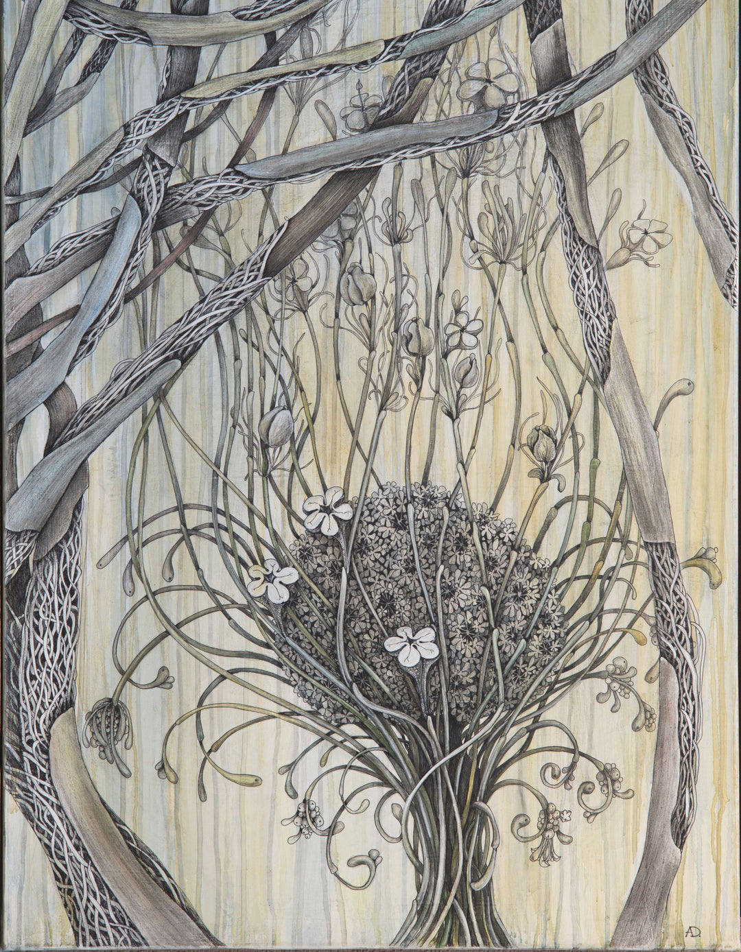 Artistic depiction of intertwined branches and plants with a neutral background