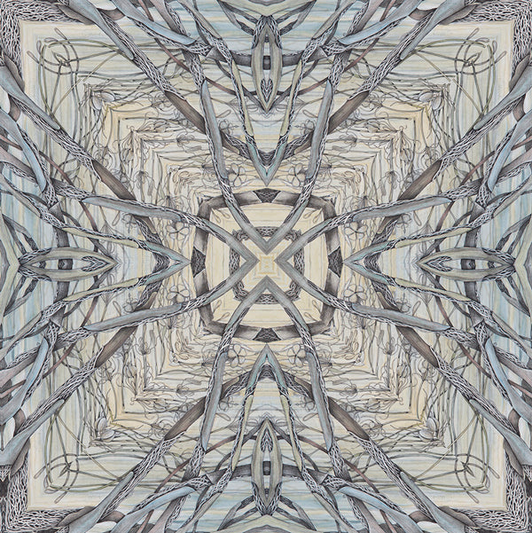 Abstract pattern with interwoven lines and shapes in neutral tones