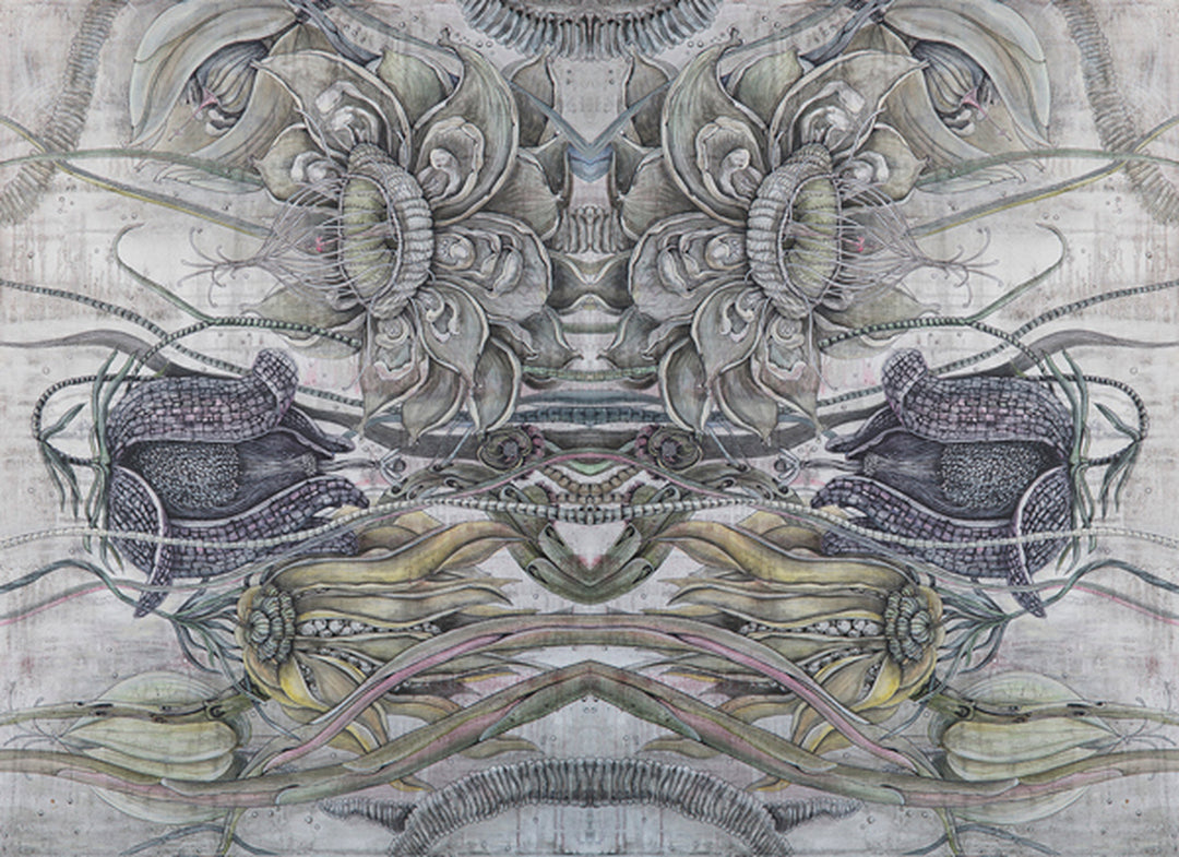 Artistic depiction of abstract floral and leaf patterns on a textured background