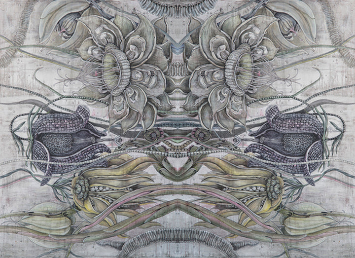 Artistic depiction of abstract floral and leaf patterns on a textured background