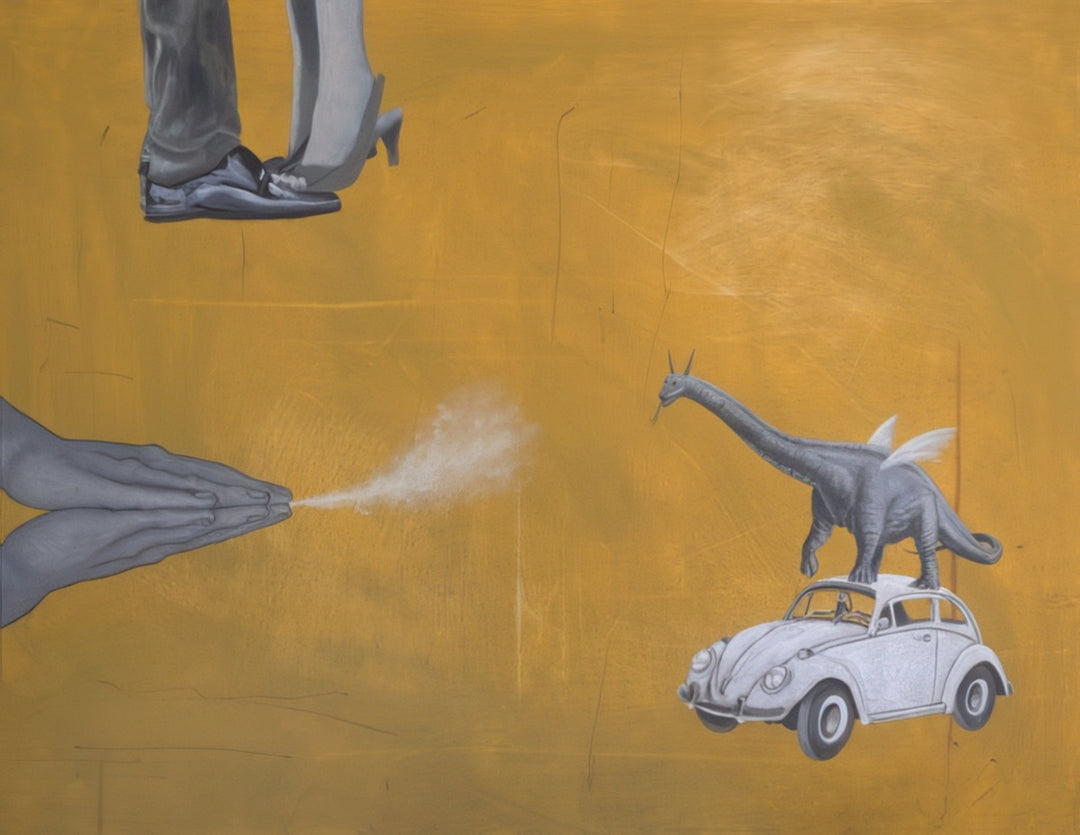 Surreal painting by Andrius Miezis titled Flying Dragon on the Event Horizon, showing a small dragon perched on a white vintage car under a burst of air from a pair of hands, with shoes floating above on a golden background. A whimsical, imaginative work blending fantasy, irony, and modern surrealism — available as a museum-quality fine art print at Giclée Makers.