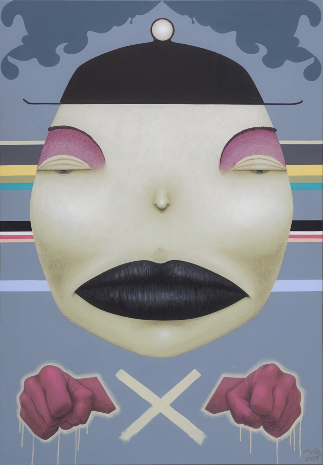 Surreal artwork by Andrius Miezis titled Folded a Stick with a Cold Face, depicting a stylized abstract face with pale yellow tones, closed eyes, and bold black lips above two clenched hands forming an X. A minimalist surrealist composition exploring emotion, restraint, and human symbolism — available as a museum-quality fine art print at Giclée Makers.