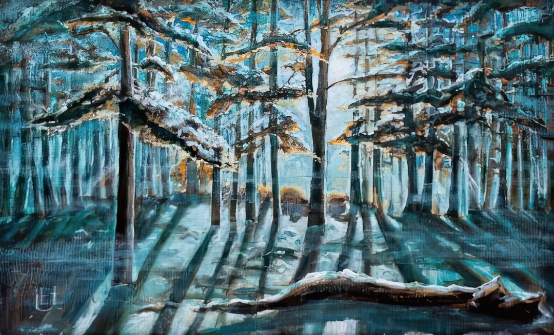 Winter forest scene with snow-covered trees and a log on a snowy ground.