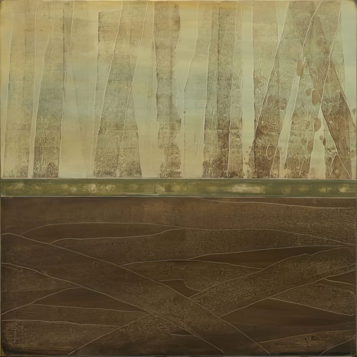 Abstract art piece with horizontal stripes in brown and beige tones.
