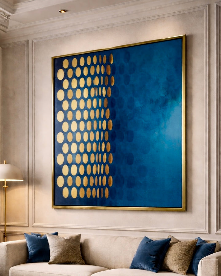 Abstract art piece with gold circles on a blue background in a living room setting.