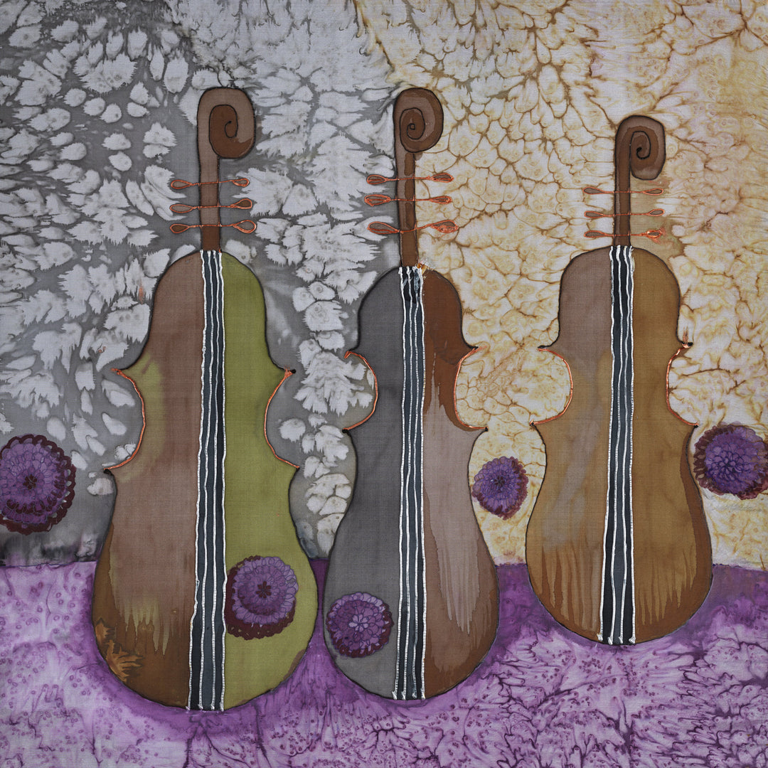 Abstract painting “Fuga” by Nijole Stunskaite-Vilke featuring three stylized violins in earthy tones against textured grey, yellow, and purple backgrounds with floral circular accents, symbolizing musical harmony and counterpoint.