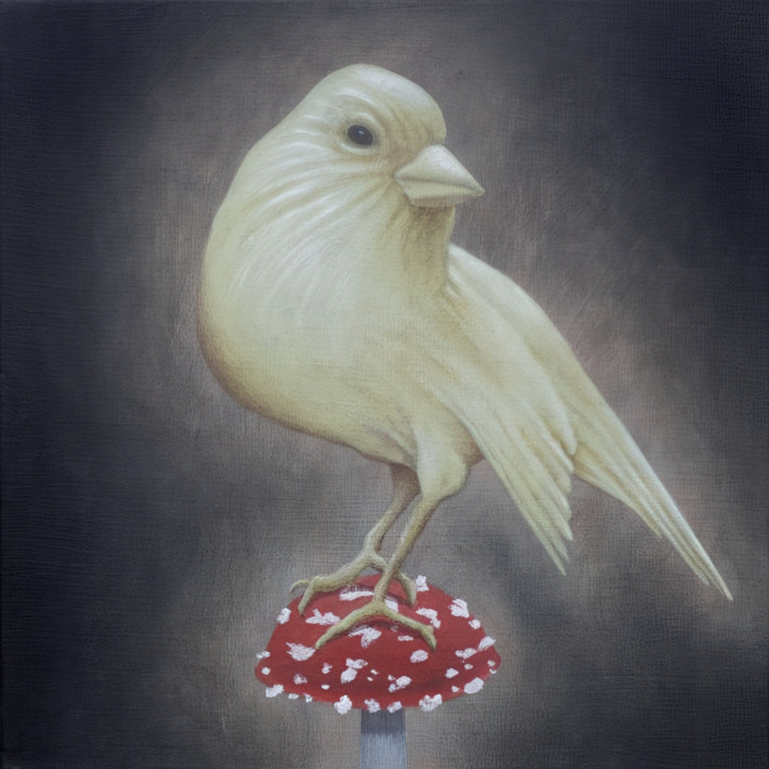 God’s Little Helper” by Andrius Miezis – surreal painting of a white bird on a red mushroom, available as a museum-quality giclée print on canvas or fine art paper by Giclée Makers, Scottsdale AZ.