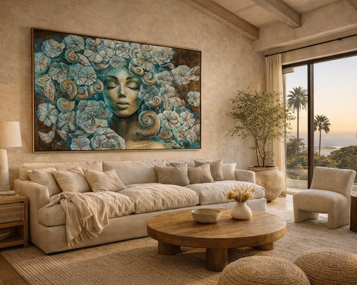 Living room with a large floral painting above a beige sofa, wooden coffee table, and decorative elements.