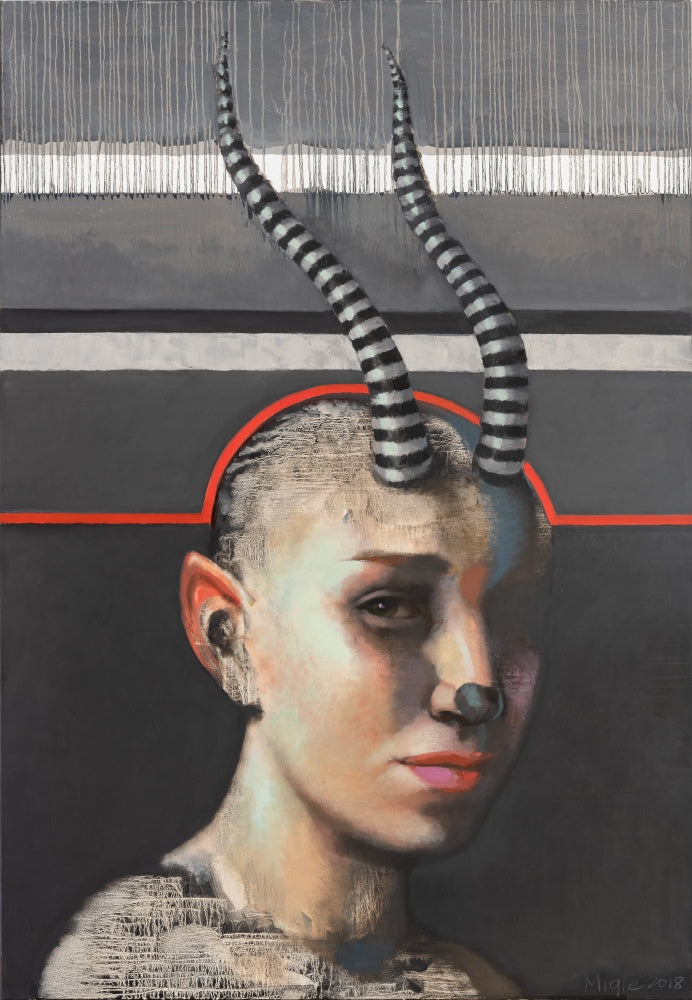Artistic portrait with stylized horns on a dark background