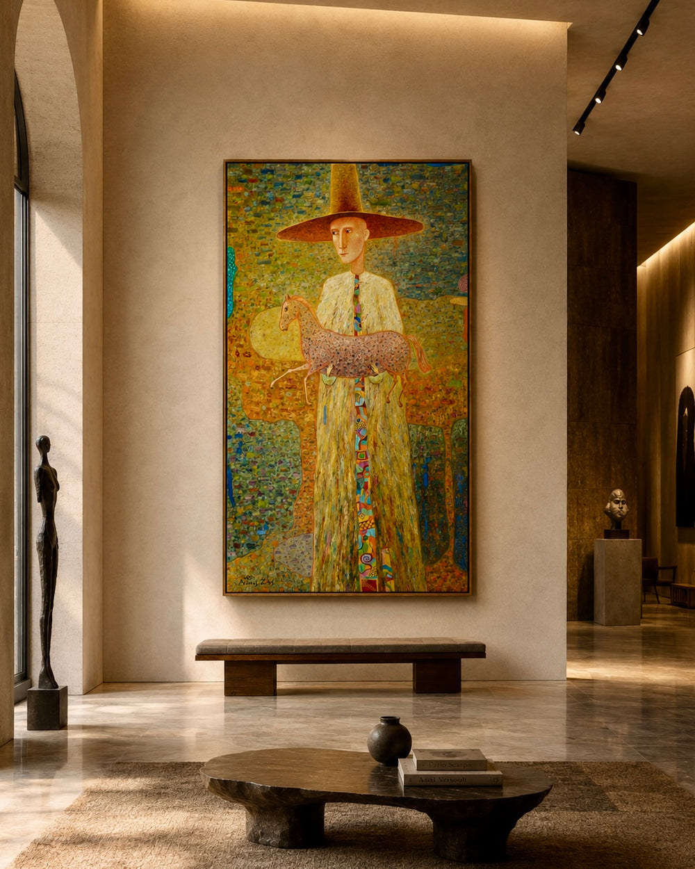 Artistic painting of a person with a wide-brimmed hat in an elegant interior setting.