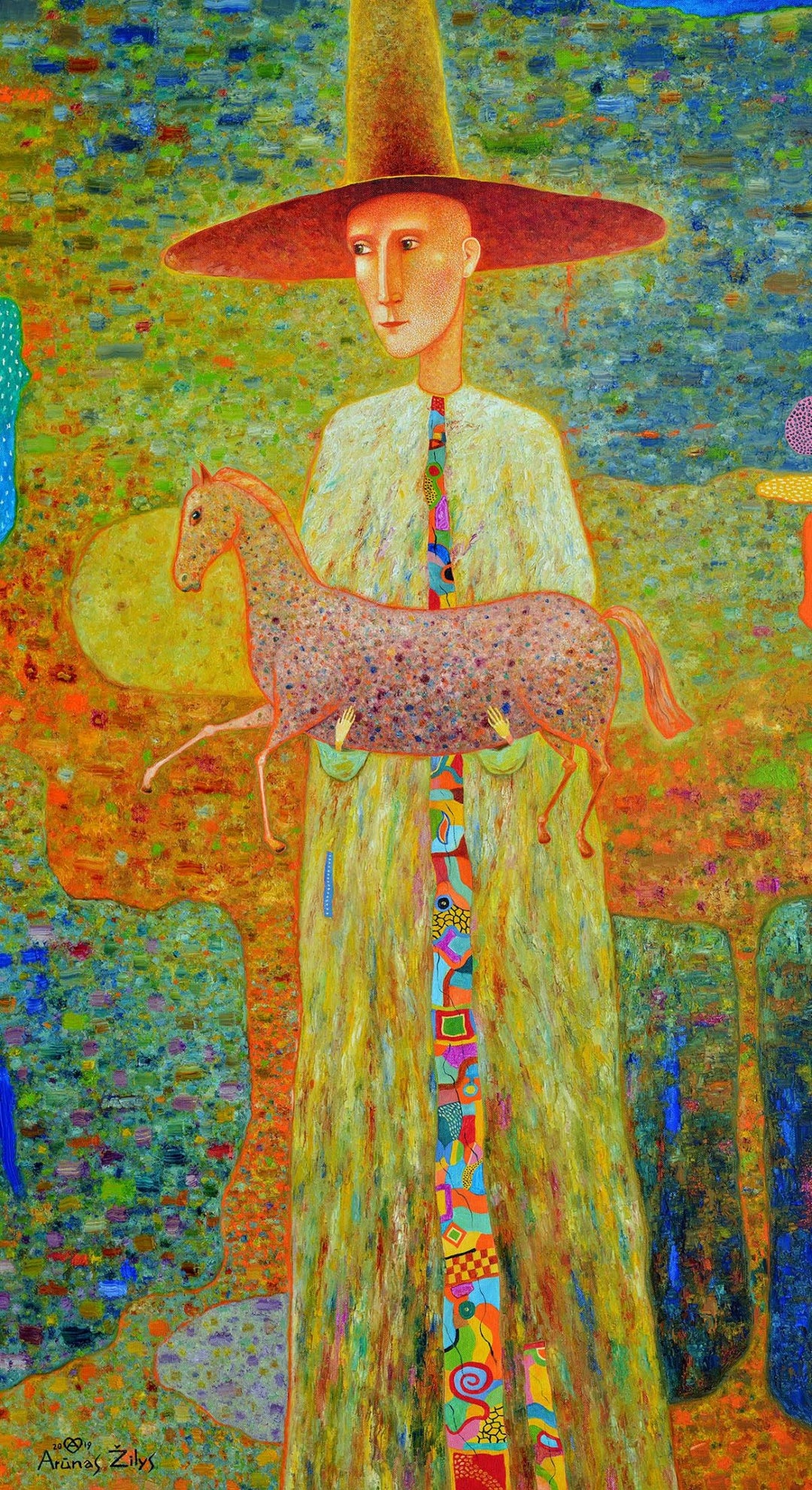 This image features a vibrant and colorful painting titled "A Gift." The artwork depicts a whimsical figure holding a horse-like creature, which adds a unique and fantastical element to the piece.