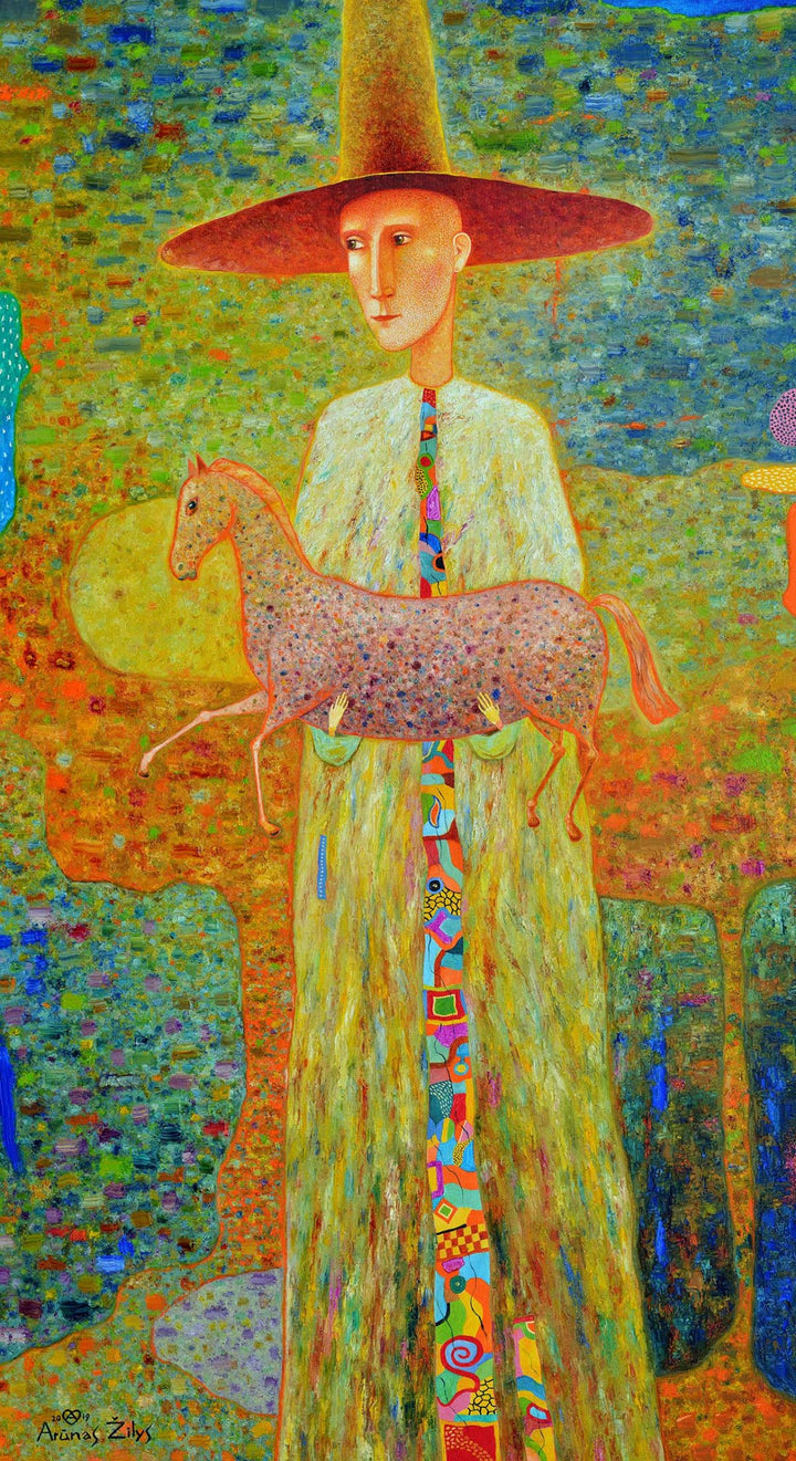 This image features a vibrant and colorful painting titled "A Gift." The artwork depicts a whimsical figure holding a horse-like creature, which adds a unique and fantastical element to the piece.