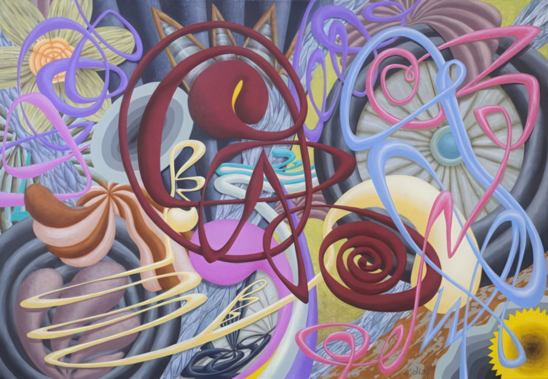 “Give Us Our Daily Thoughts Today” by Andrius Miezis – abstract surreal painting filled with swirling colorful forms and dynamic motion. Symbolic modern art exploring thought, energy, and creativity through vivid layers and hypnotic geometry – available as a museum-quality giclée print from Giclée Makers.