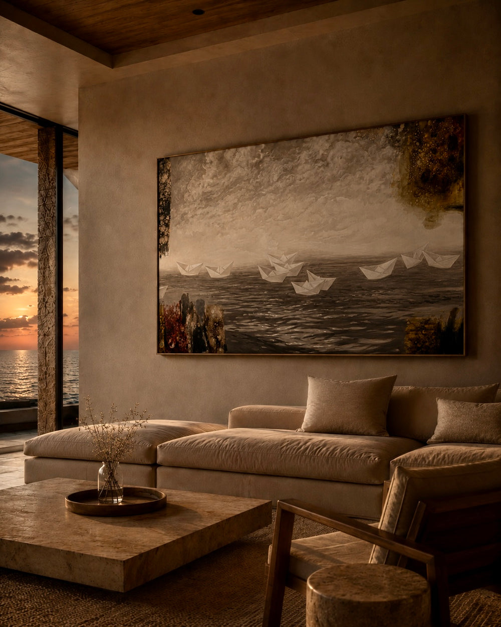Living room with a large painting of a landscape, sofa, and coffee table.