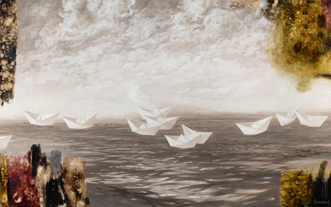 A painting featuring a stylized sea with a cloudy sky and an assortment of paper boats in varying sizes and positions on the water.