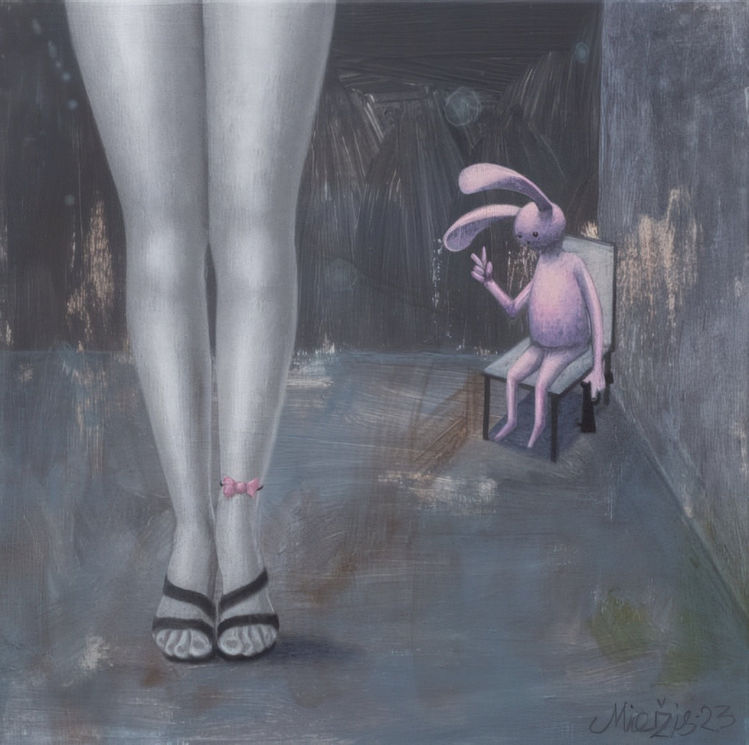 Beauty Around the Corner” by Andrius Miezis – surreal painting of a pink rabbit greeting a woman in heels, whimsical contemporary art available as a museum-quality giclée print by Giclée Makers, Scottsdale AZ.