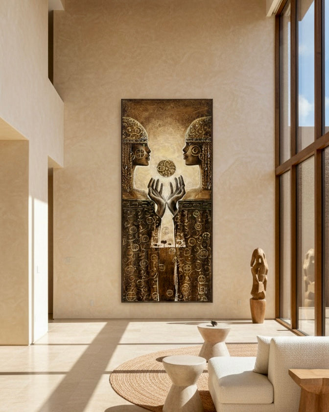 Decorative wall art in a modern living room with large windows.