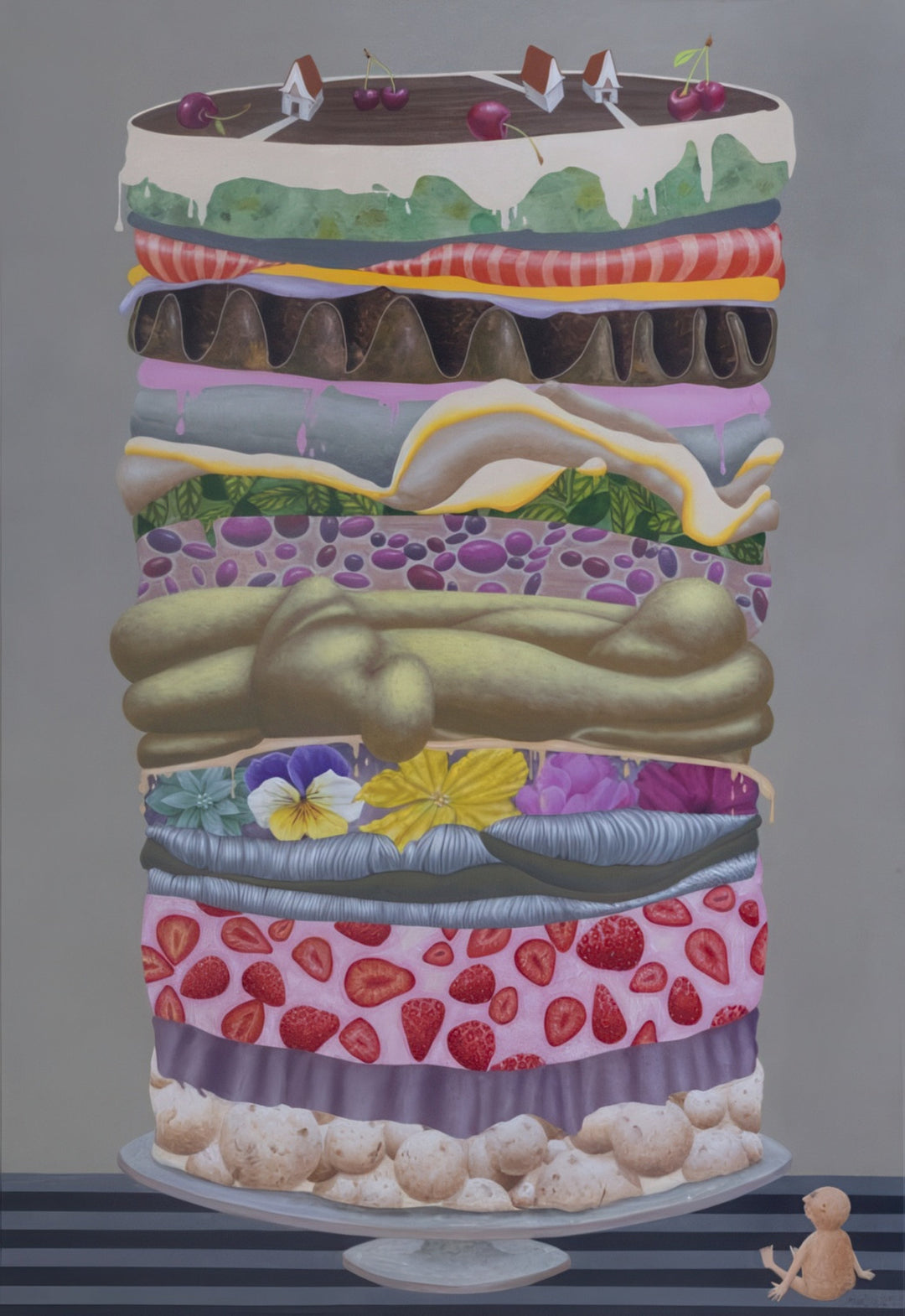 "Life is a Cake” by Andrius Miezis – surreal whimsical painting of a towering layered cake filled with fruits, flowers, fabrics, and miniature houses on top, available as a museum-quality giclée print by Giclée Makers, Scottsdale AZ.