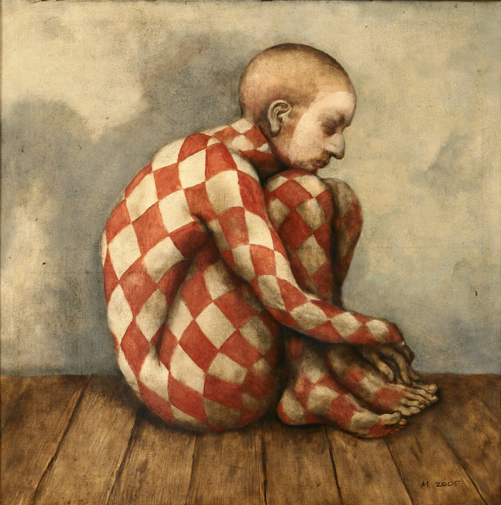 Harlequin canvas print of a checkered red-and-white figure hugging knees
