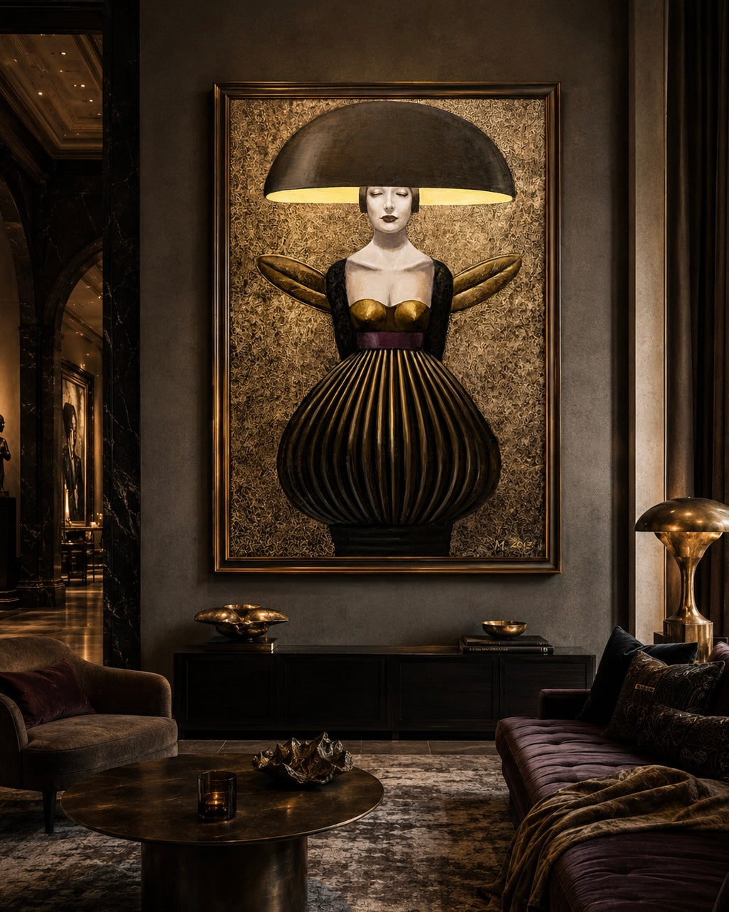 Decorative interior with a large framed artwork of a woman with a lampshade over her head in a luxurious room.