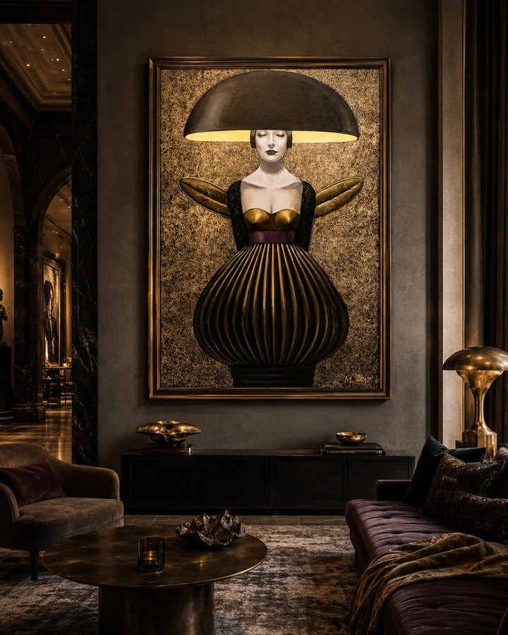 Decorative interior with a large framed artwork of a woman with a lampshade over her head in a luxurious room.
