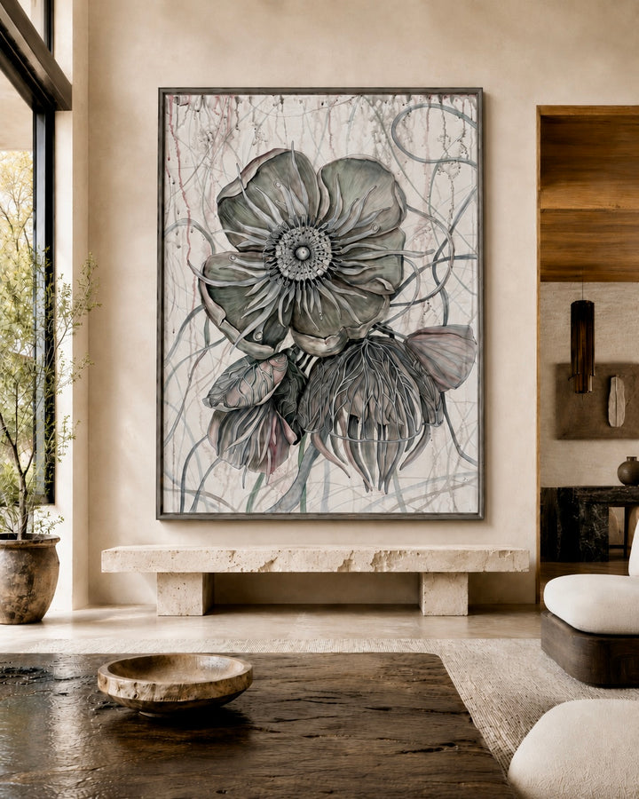 Floral artwork in a modern living room setting