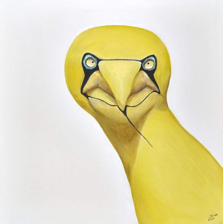 Artistic depiction of a yellow bird with a long beak on a white background