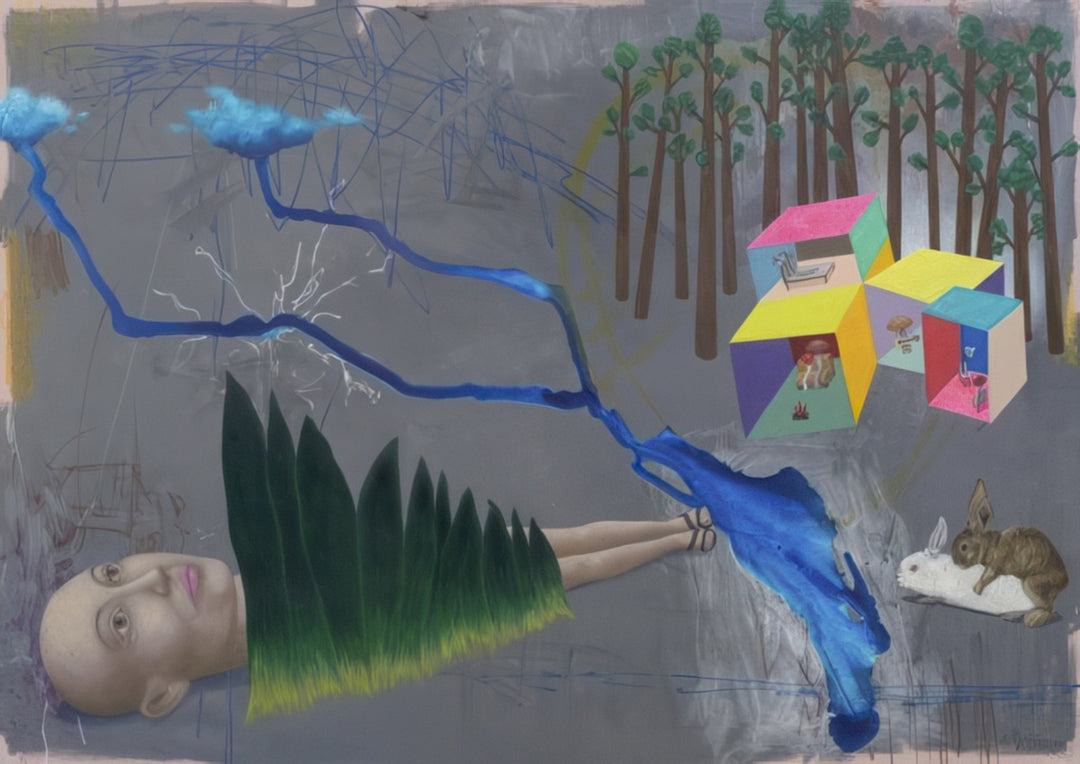 Homestead by the Water – Suitable for Recreation” by Andrius Miezis, presented by Giclée Makers Gallery. A surreal contemporary composition featuring a fragmented female figure beside a winding blue stream under stormy skies. Vibrant geometric cubes rise near a forest, merging imagination, nature, and modern symbolism. A serene rabbit rests nearby, completing this poetic and dreamlike scene