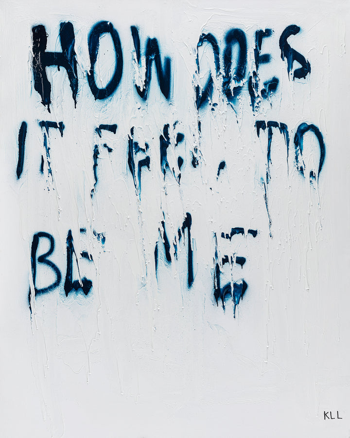 A graffiti-style text on a wall asking 'How does it feel to be me?' with a blue and black color scheme.