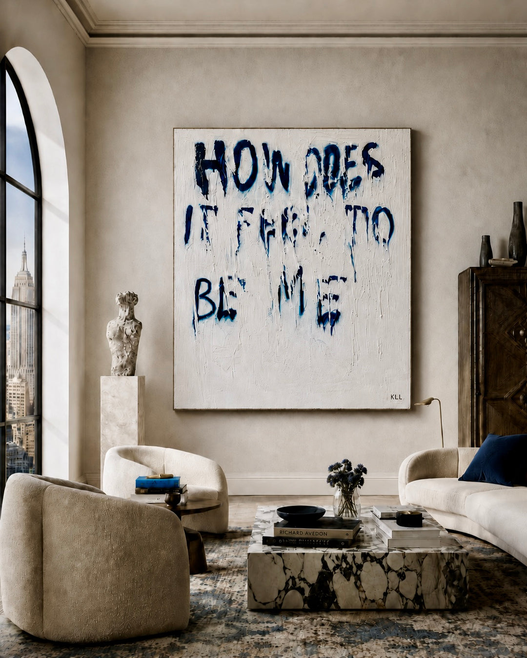 Modern living room with a large contemporary painting on the wall. Artwork title - How Does It Feel To Be Me?