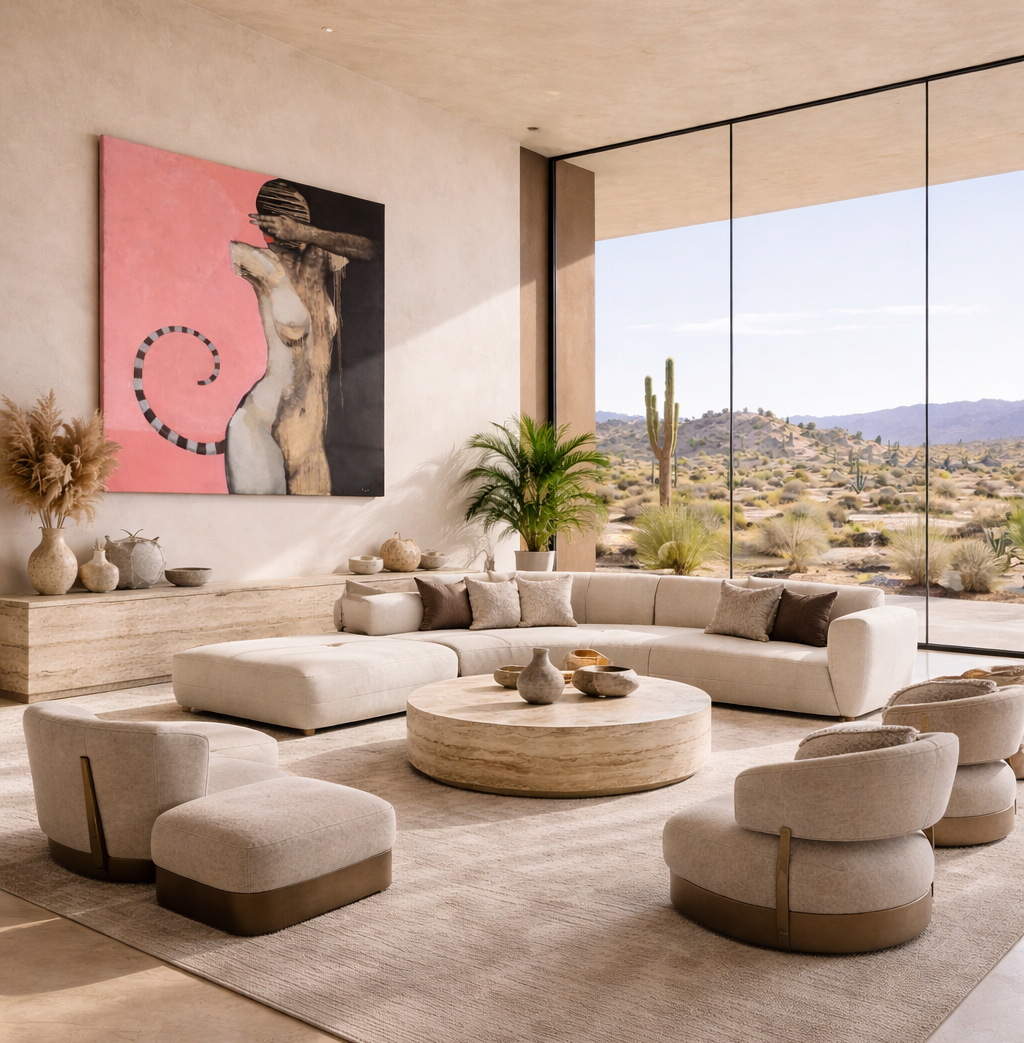 Modern living room with a large sectional sofa, round coffee table, and decorative elements.