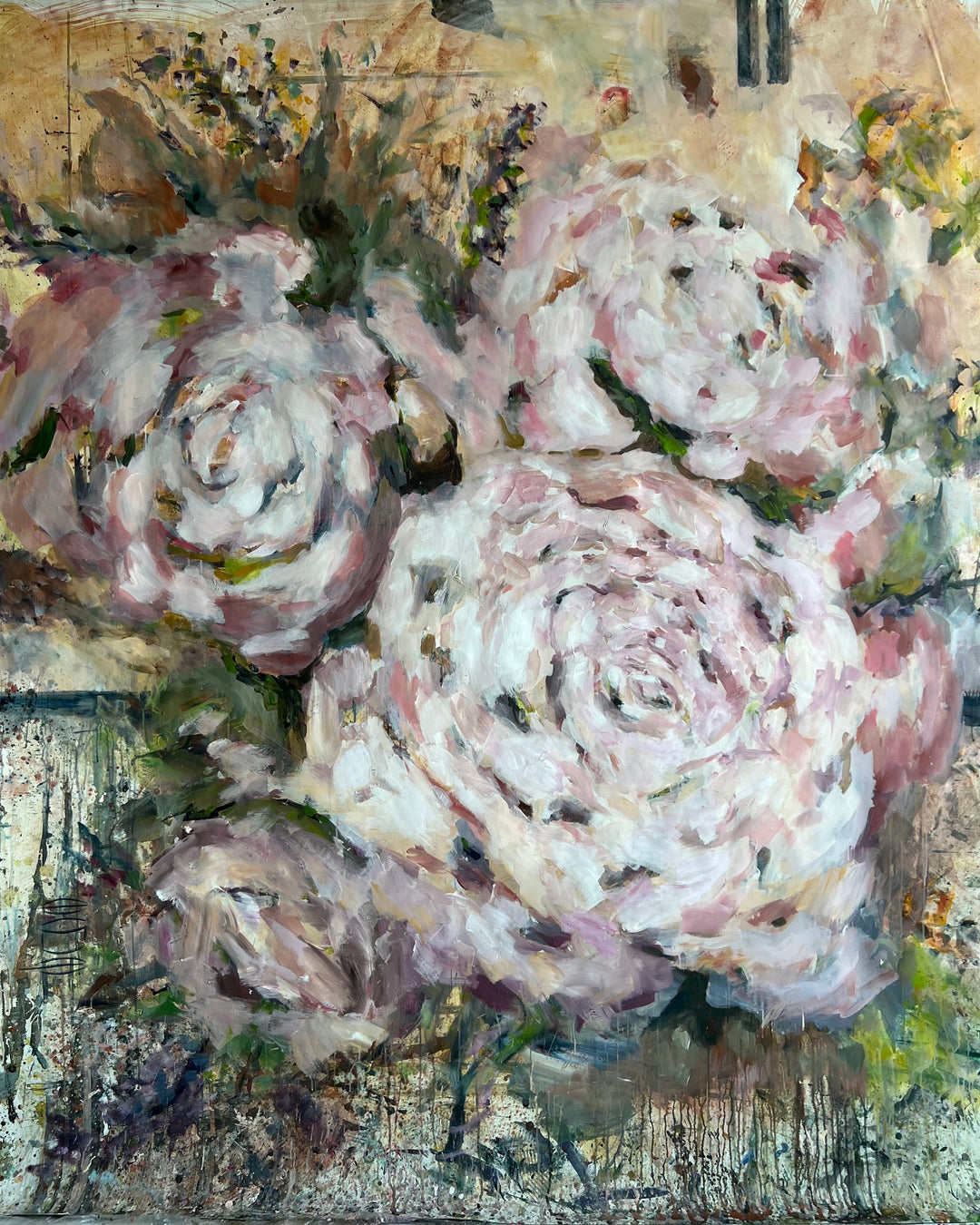 Abstract painting of pink flowers on a textured background