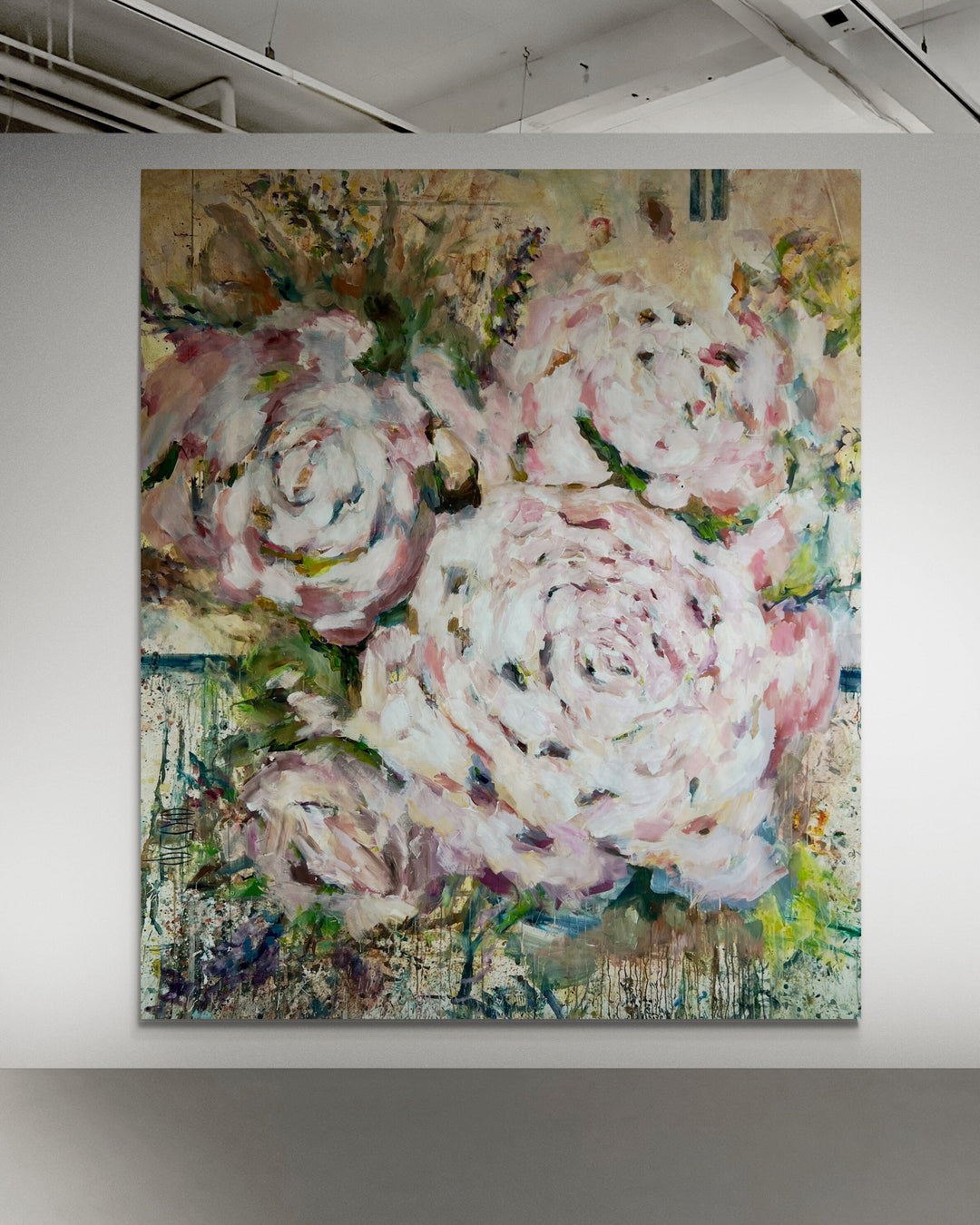Abstract painting of pink flowers on a textured background