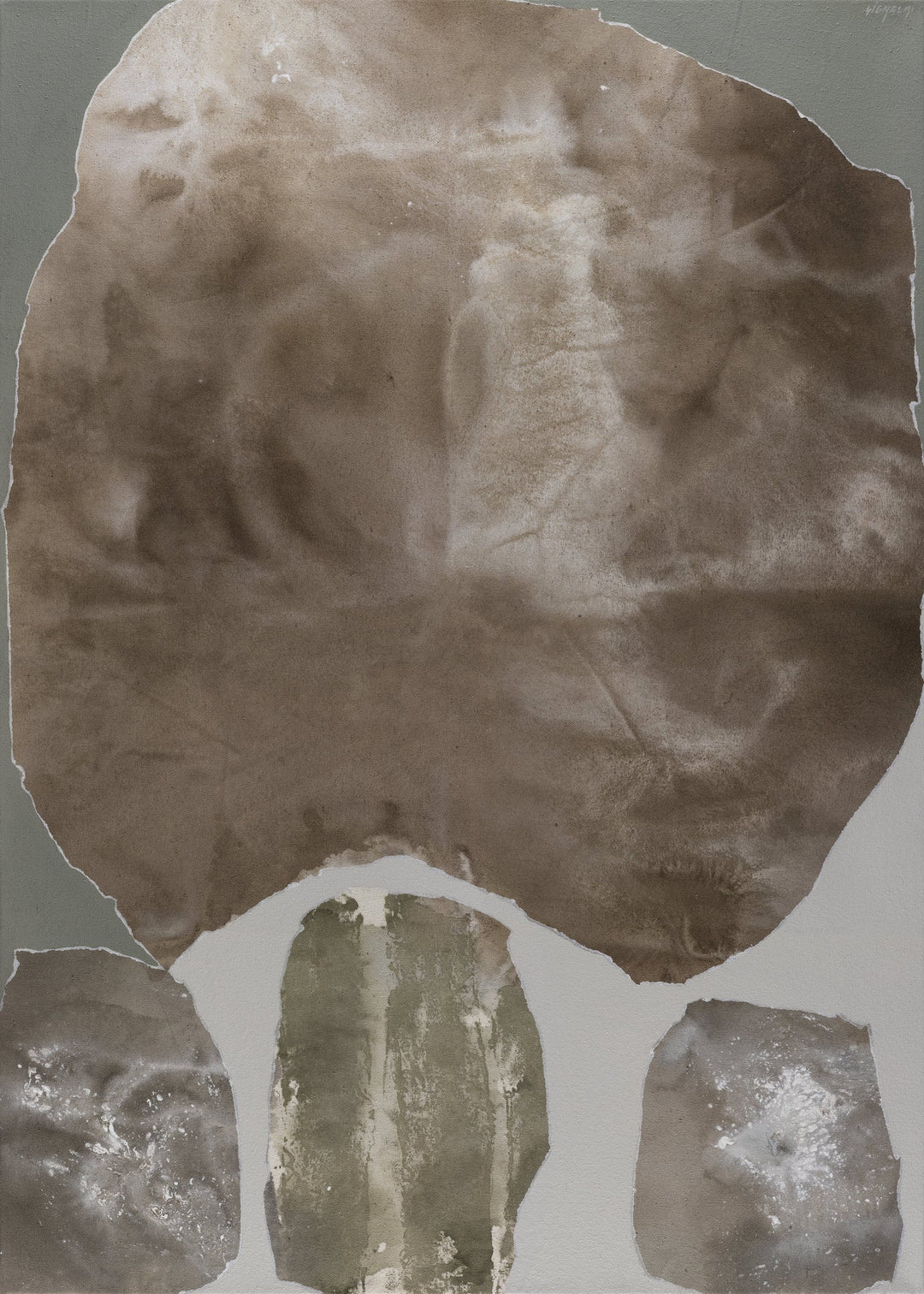 Abstract artwork “I Feel” by Monika Zajarskiene featuring soft, naturally flowing earthy tones and organic shapes. Muted browns, greys, and gentle textures create a calming, harmonious composition that evokes emotional presence and inner stillness. Contemporary minimalist abstract painting ideal for serene, modern interiors and neutral décor.
