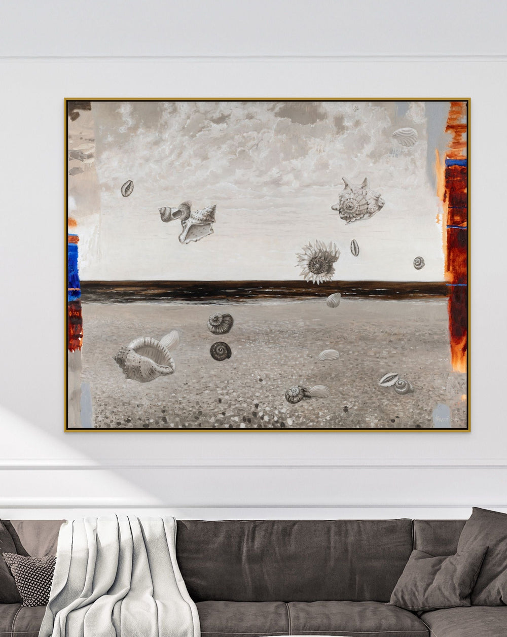 Framed canvas artwork with shell and sea-creature illustrations, mounted on light wall
