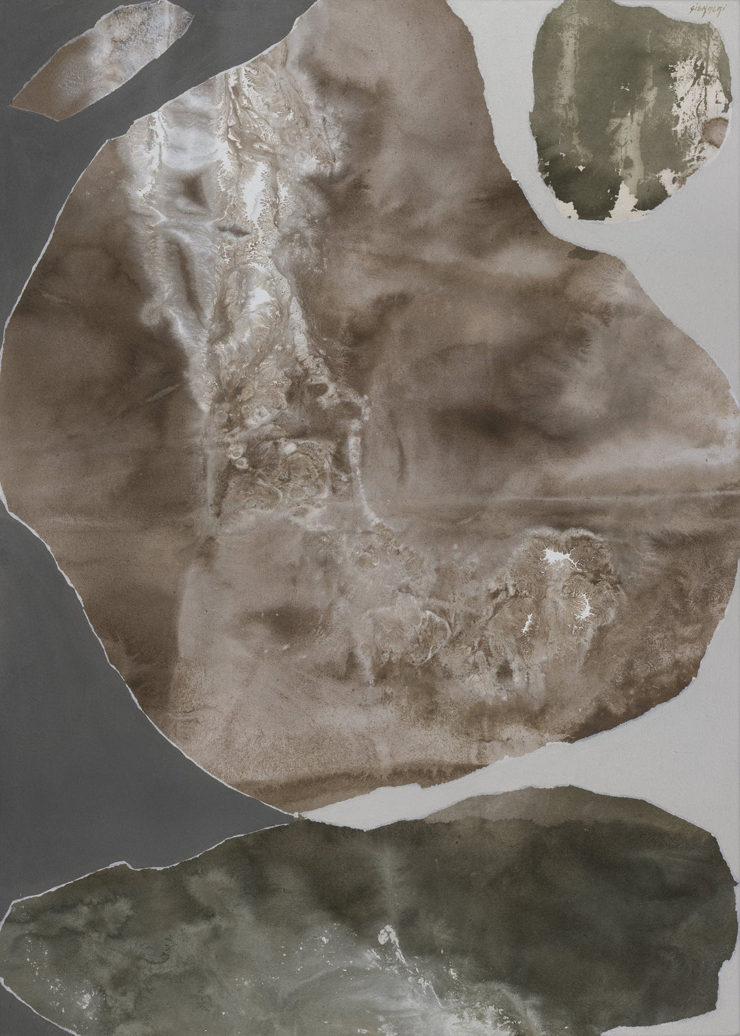 Abstract contemporary artwork “I Release” by Monika Zajarskiene featuring flowing organic shapes in earthy brown and muted green tones. The textured surface resembles natural landscapes and creates a calming, meditative feeling. The composition symbolizes letting go, emotional release, and creating space for new beginnings. Ideal for modern interiors, neutral décor, and collectors of minimalist abstract art.