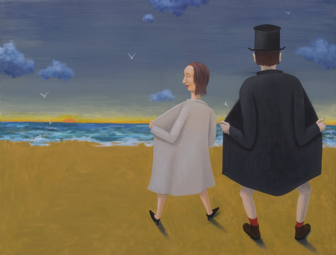 Values Bring Us Together” by Andrius Miezis – surreal painting of a couple walking hand in hand along the seaside under a dramatic sky, symbolizing unity and connection, available as a museum-quality giclée print by Giclée Makers, Scottsdale AZ