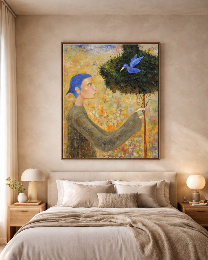 Bedroom with a large painting of a woman with a blue hat on a beige wall.