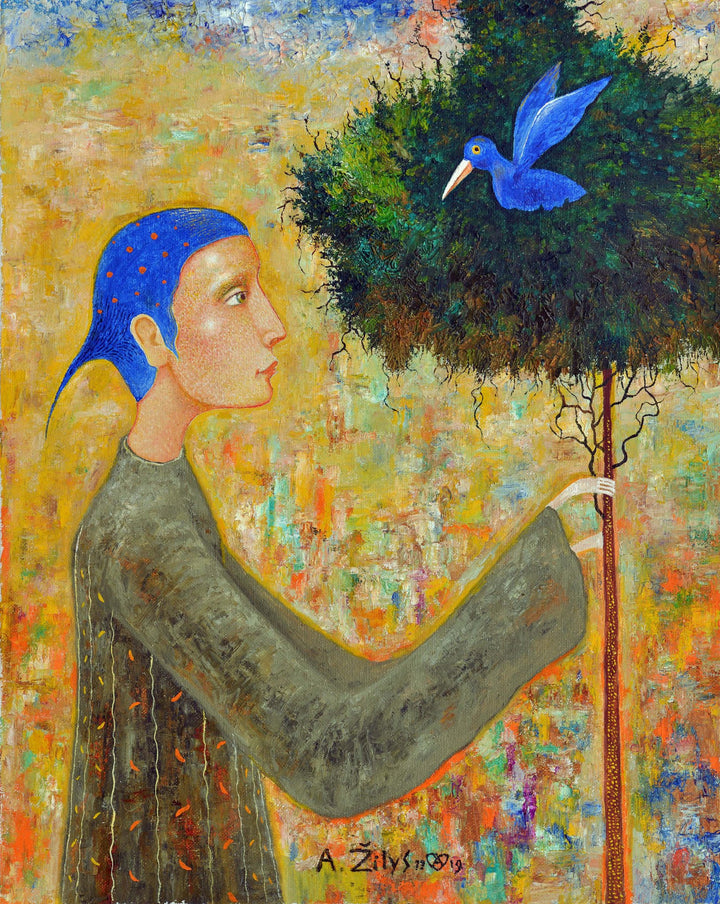 This image, titled "In Blue," features a vibrant and colorful painting. It depicts a woman with blue hair holding a green umbrella, standing near a tree with a blue bird perched on it.