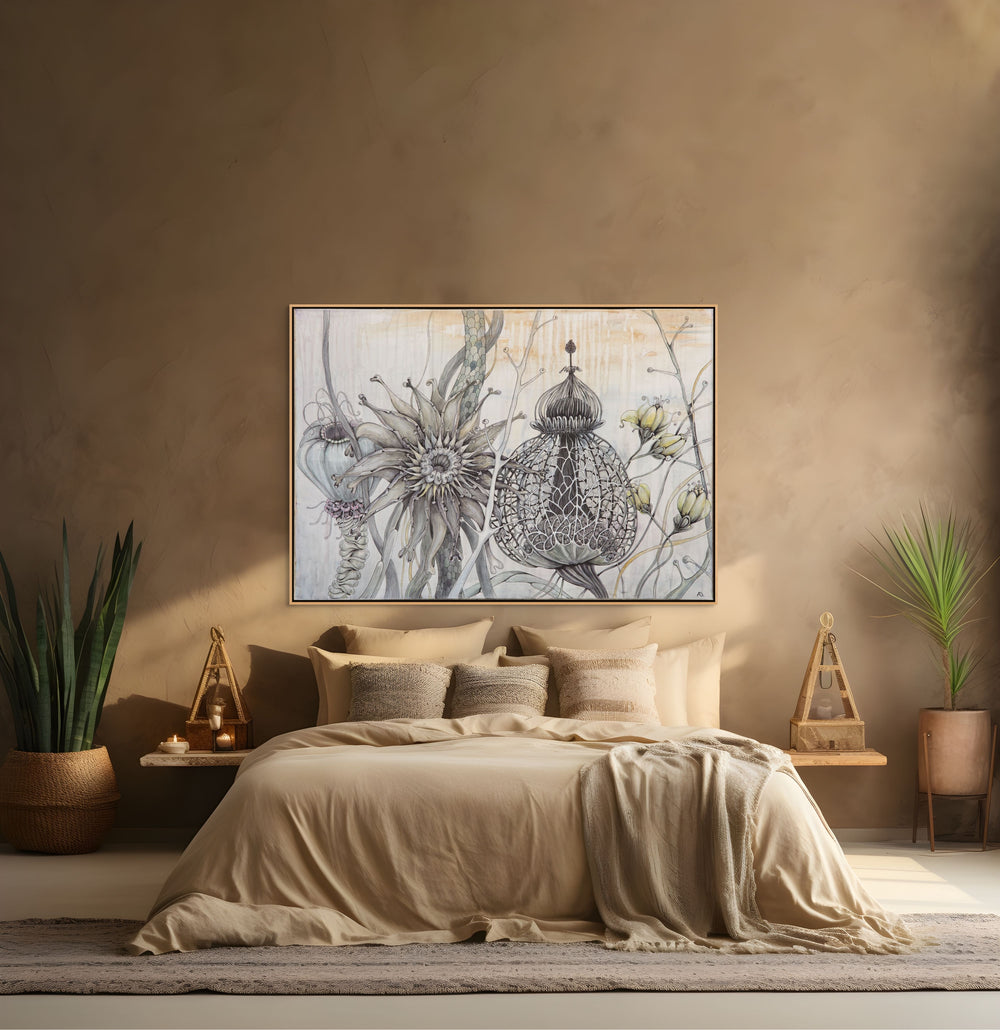 Decorative floral painting above a bed in a bedroom with plants and side tables.