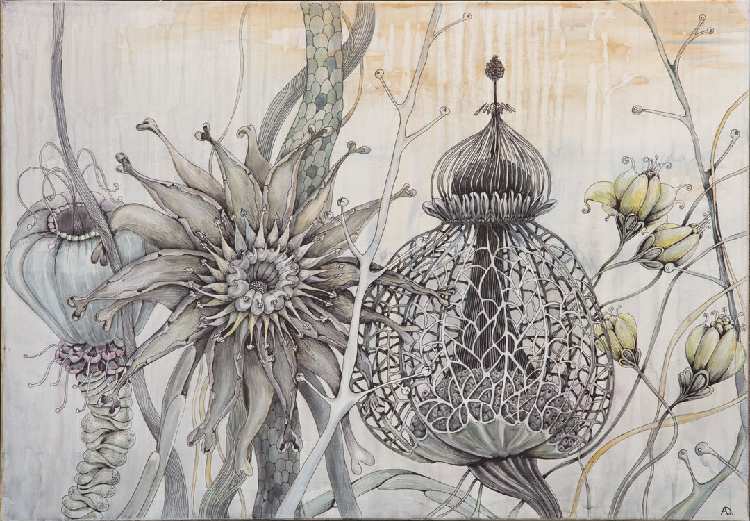 Artistic depiction of intricate flowers and plants with a neutral background