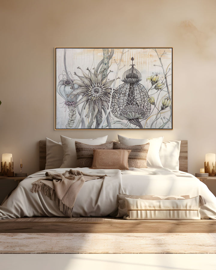 Decorative floral painting above a bed in a bedroom setting