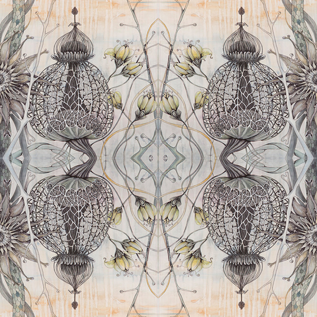 Decorative pattern with intricate designs of spherical shapes and floral elements on a textured background.