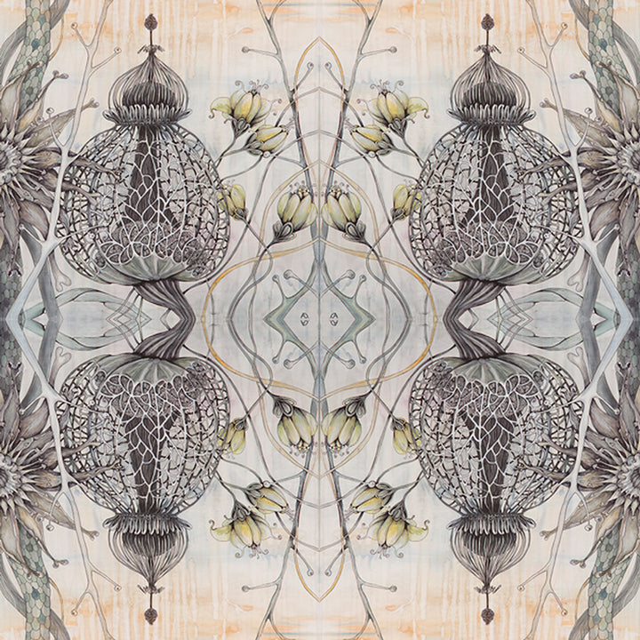 Decorative pattern with intricate designs of spherical shapes and floral elements on a textured background.