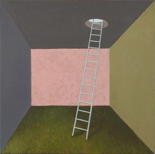 Ladder leaning against a wall in a room with geometric walls and ceiling.